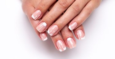 Wedding french manicure on short square nails. Classic white man